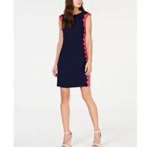 Trina Turk‎ Navy Sheath Dress Size 8 — Pink & Red Lace Trim Cocktail Dress